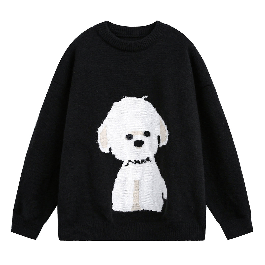 Damen Oversize Strickpullover mit gewebtem Hundemotiv und Knopfaugen Echo Archiv