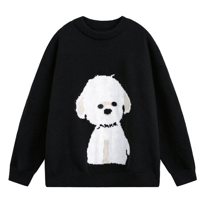 Damen Oversize Strickpullover mit gewebtem Hundemotiv und Knopfaugen Echo Archiv
