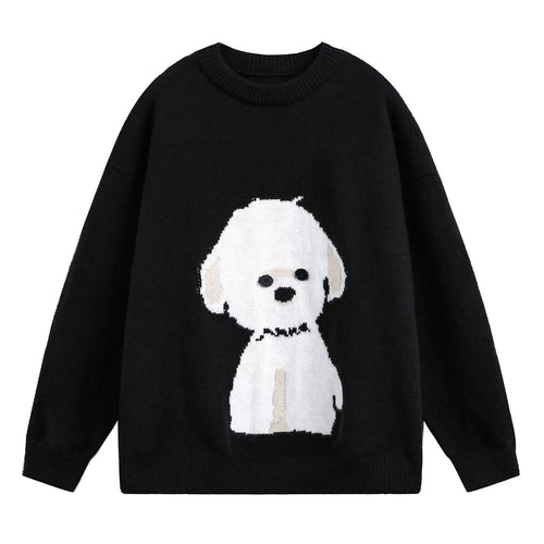Damen Oversize Strickpullover mit gewebtem Hundemotiv und Knopfaugen Echo Archiv