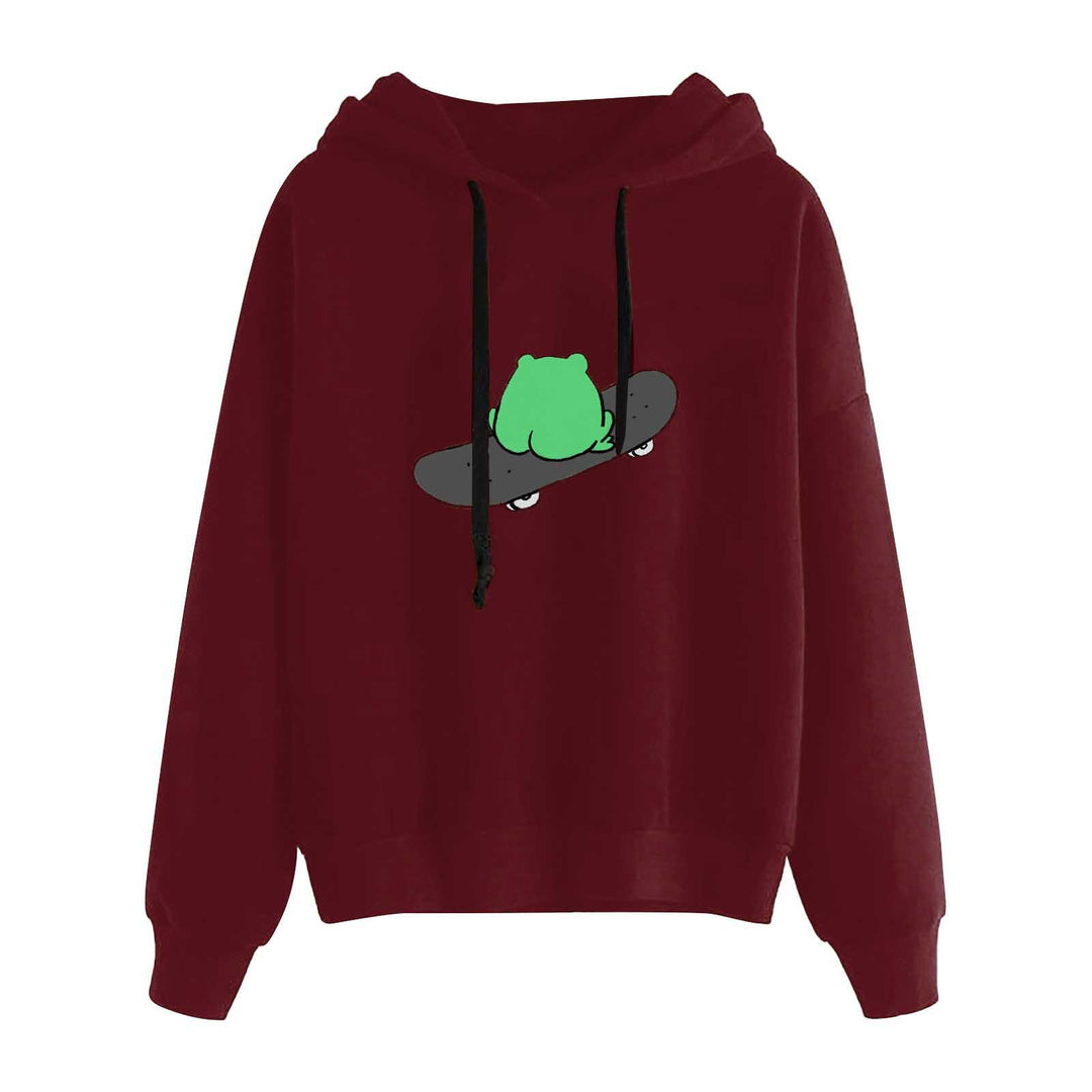 Damen kurz geschnittener Cropped-Kapuzenpullover mit niedlicher Frosch-Illustration und verstellbarer Kapuze – Auréline