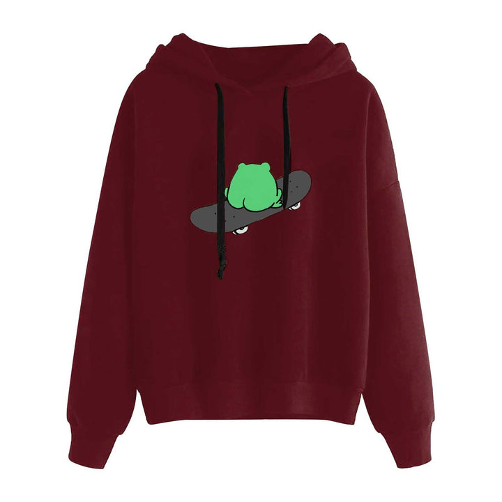 Damen kurz geschnittener Cropped-Kapuzenpullover mit niedlicher Frosch-Illustration und verstellbarer Kapuze – Auréline