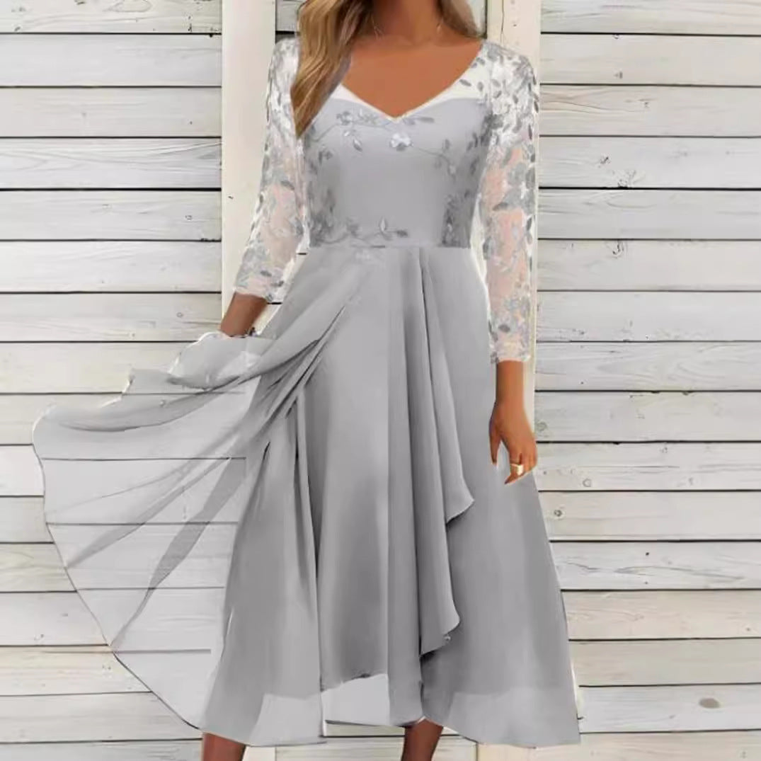Damen nan elegantes Midikleid mit besticktem Tülloberteil, transparenten Dreiviertelärmeln und mehrlagigem Drapé-Rock Echo Archiv