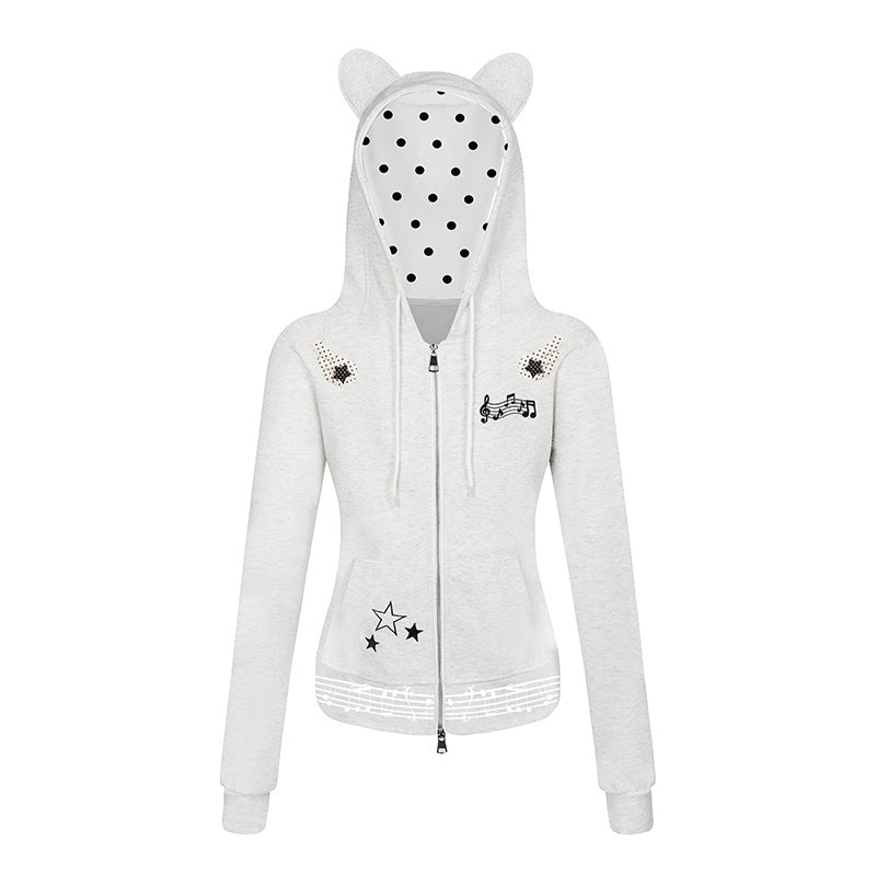 Damen Kapuzen-Sweatjacke mit Bärenohren, Reißverschluss, musikalischem Print und Polka-Lining Echoarchiv