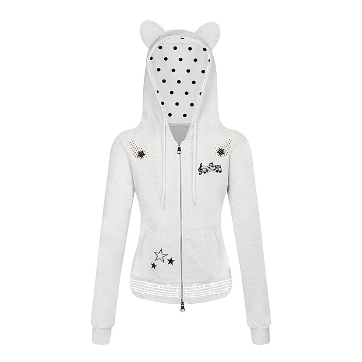 Damen Kapuzen-Sweatjacke mit Bärenohren, Reißverschluss, musikalischem Print und Polka-Lining Echoarchiv