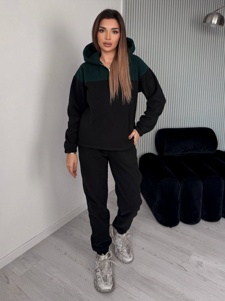 Damen Zweiteiliges Farbblock-Loungewear-Set mit halbem Reißverschluss und schmaler Jogginghose – Avérine