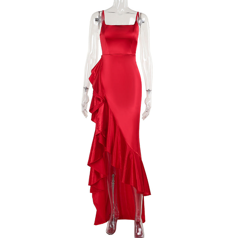 Damen elegantes Maxikleid mit asymmetrischem Rüschensaum und taillierter Silhouette Echo Archiv