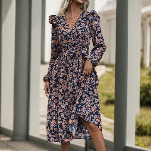 Damen Wickel-Midikleid mit V‑Ausschnitt, Volant-Schultern & Taillenband Echoarchiv
