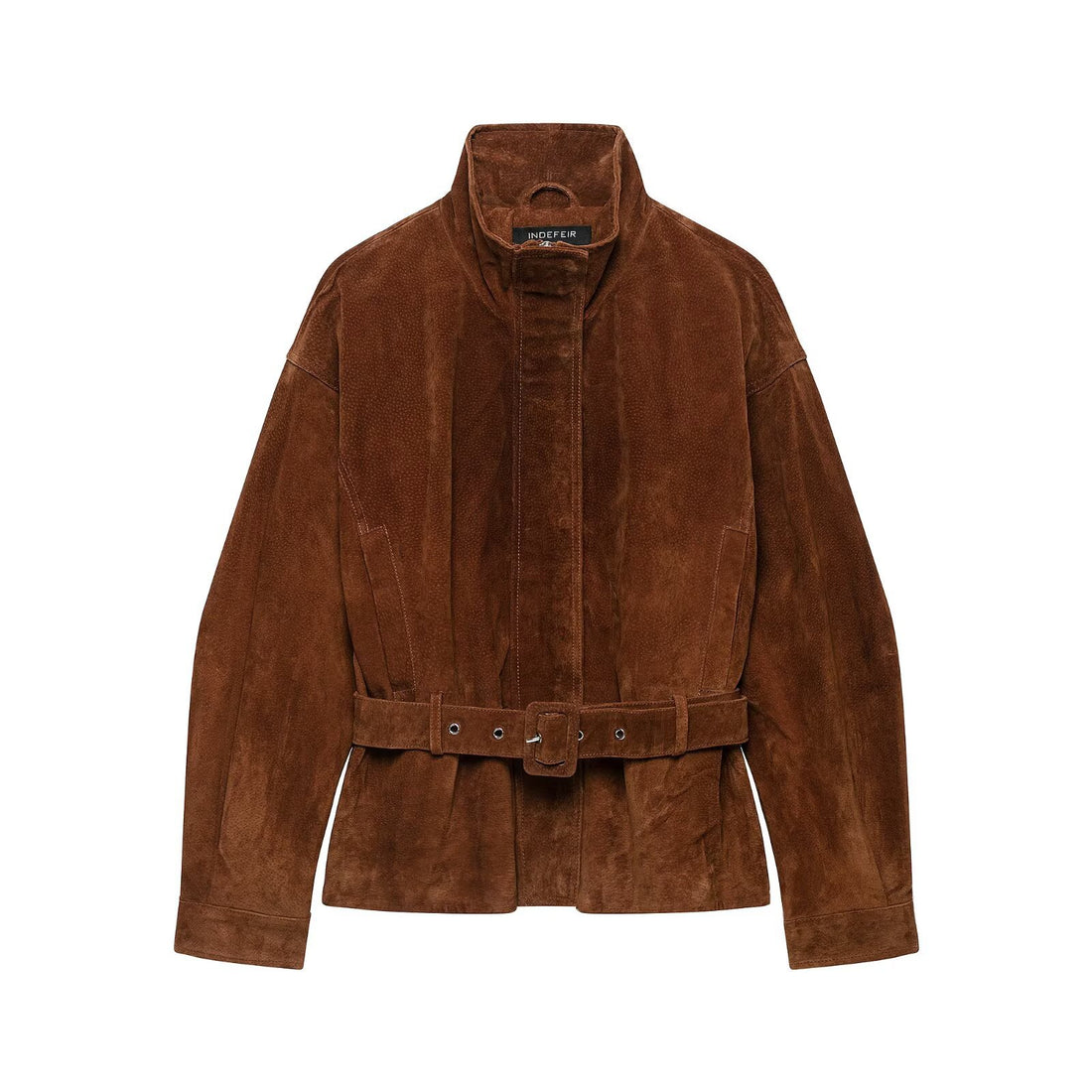 Damen Taillenbetonte Velourslederjacke im Trenchstil mit Stehkragen und breitem Bindegürtel Echoarchiv