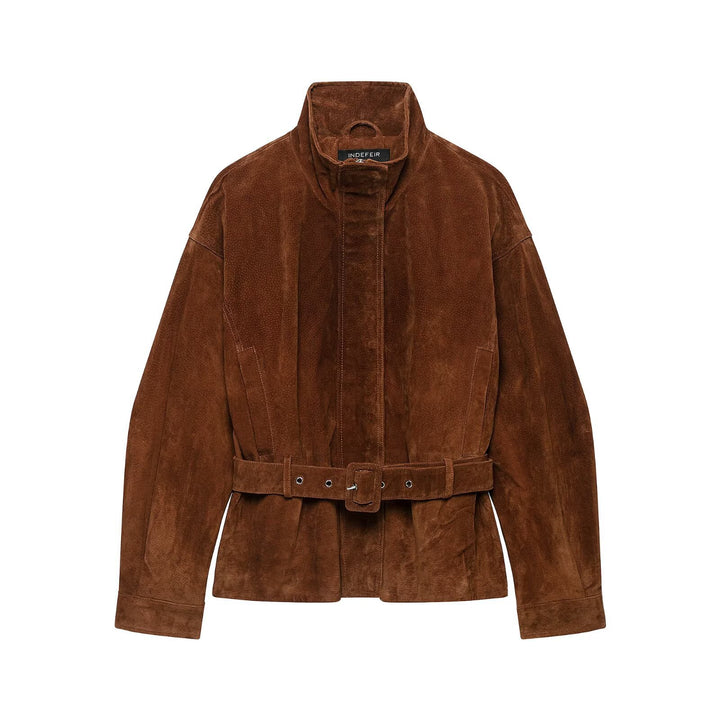 Damen Taillenbetonte Velourslederjacke im Trenchstil mit Stehkragen und breitem Bindegürtel Echoarchiv