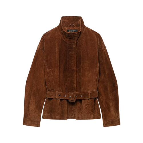 Damen Taillenbetonte Velourslederjacke im Trenchstil mit Stehkragen und breitem Bindegürtel Echoarchiv