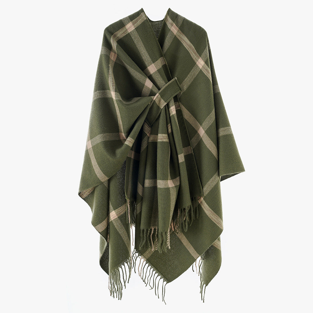Damen Oversize-Capeponcho aus Wollmix mit Bindegürtel, Fransen und großem Karomuster Echo Archiv