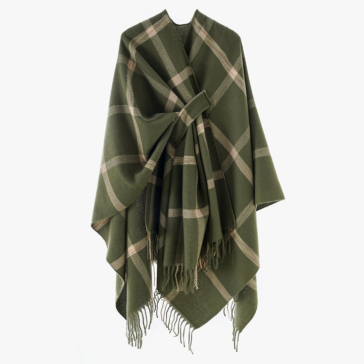 Damen Oversize-Capeponcho aus Wollmix mit Bindegürtel, Fransen und großem Karomuster Echo Archiv