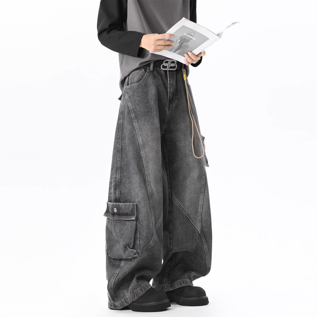 Damen Baggy-Cargo-Jeans aus gewaschenem Denim mit hoher Taille und Panelnähten Echoarchiv