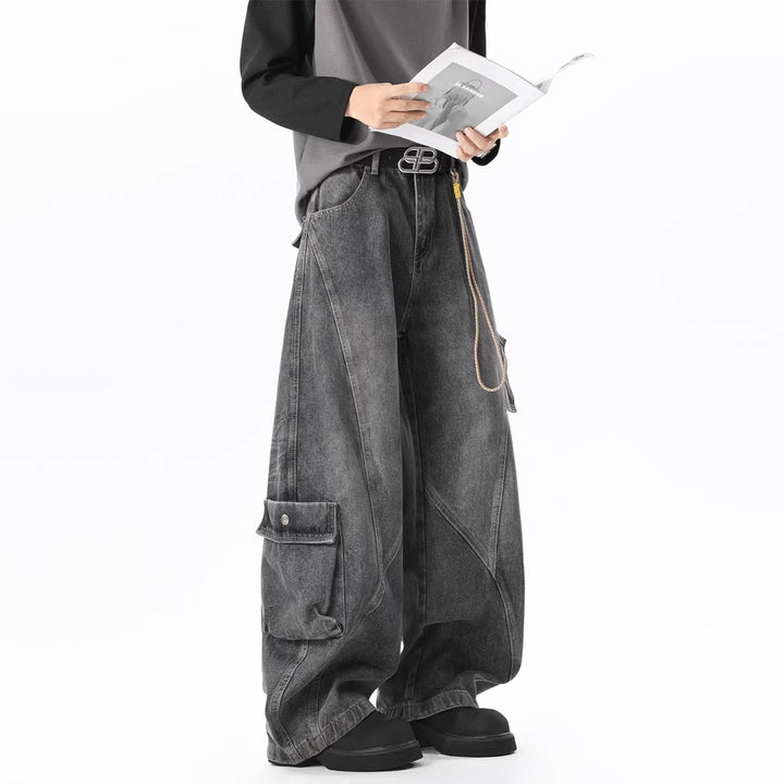 Damen Baggy-Cargo-Jeans aus gewaschenem Denim mit hoher Taille und Panelnähten Echoarchiv