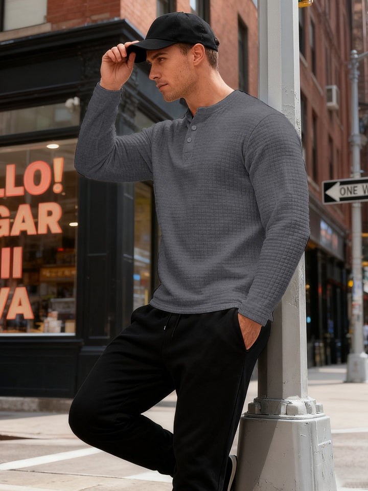 Herren nan strukturiertes Henley-Langarmshirt aus Waffelstrick mit Stehkragen und schmaler Silhouette Echo Archiv
