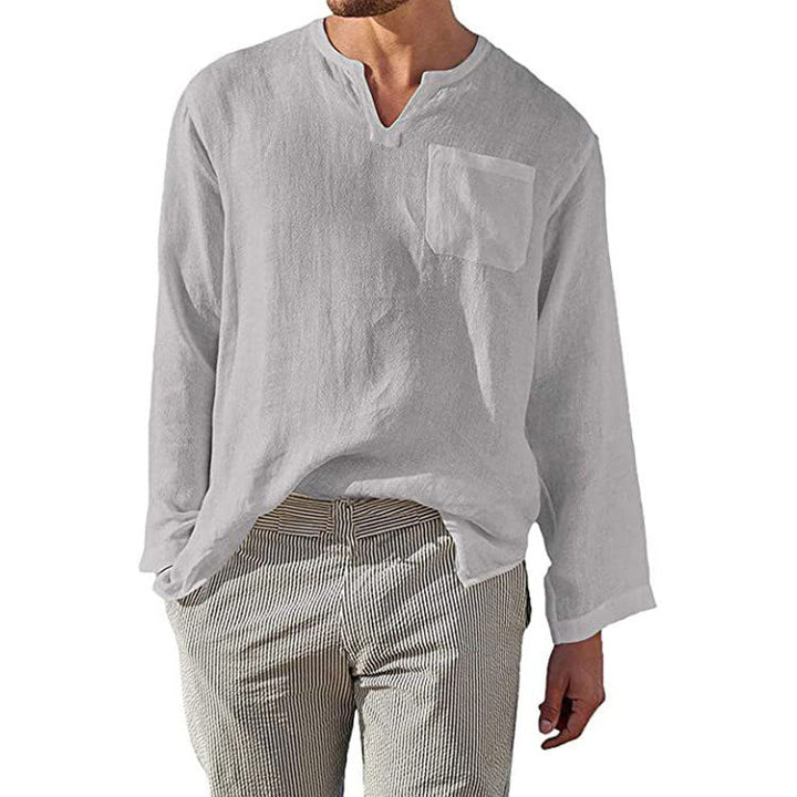 Herren Leinen Langarmshirt mit Henley-Ausschnitt und Brusttasche Echoarchiv