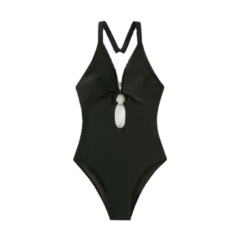 Damen Einteiler Badeanzug mit tiefem V-Ausschnitt und modischem Ringdetail Echo Archiv