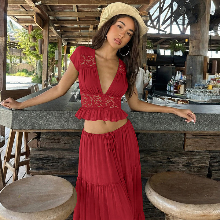 Damen Elegantes Maxikleid mit Spitzenoberteil und fließendem Saum Echo Archiv