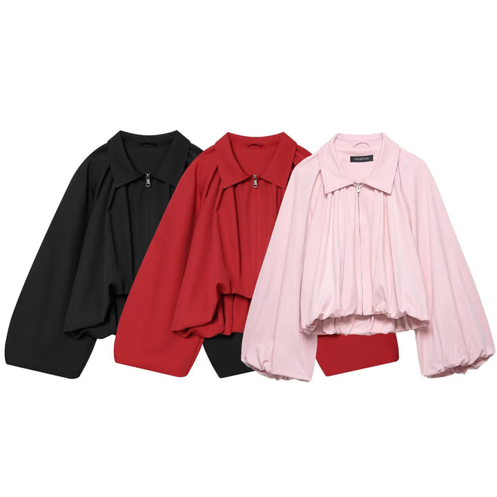 Damen Kurz geschnittene Blousonjacke mit weitem Ballonärmel, Reißverschluss und elastischem Saum Echoarchiv