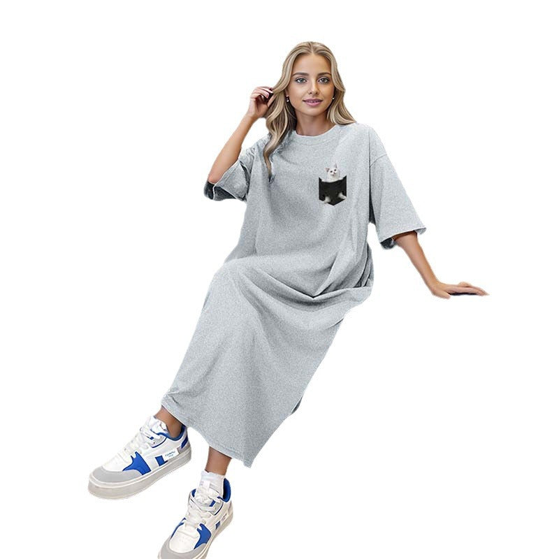 Damen lässiges Maxikleid Loungekleid mit Brusttasche und Katzenprint – Valéora