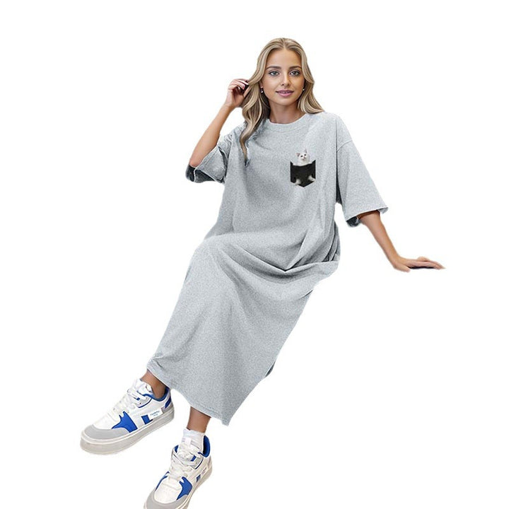 Damen lässiges Maxikleid Loungekleid mit Brusttasche und Katzenprint – Valéora