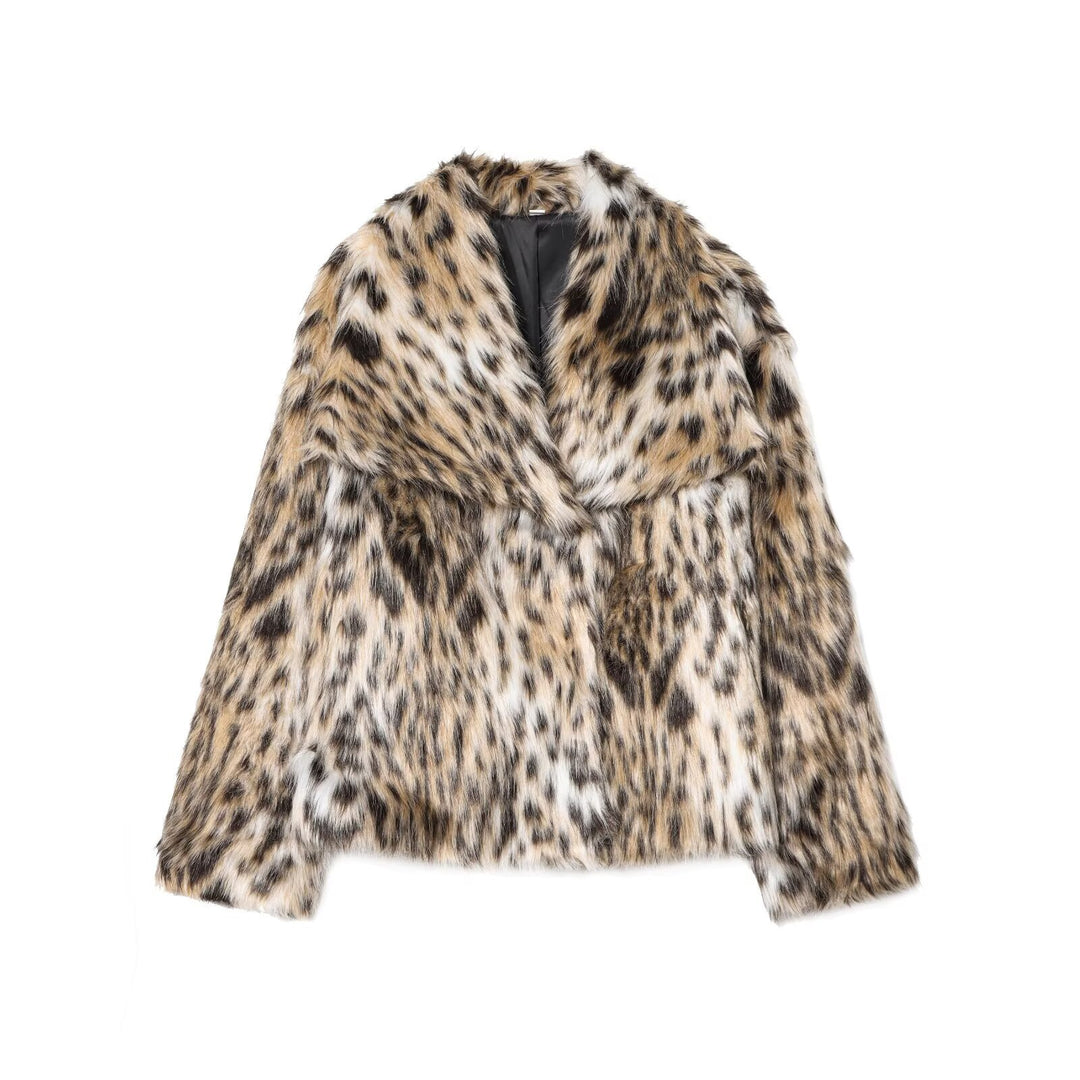 Damen nan kurze Kunstfelljacke mit Wildmuster, V-Ausschnitt und taillierter Silhouette Echo Archiv
