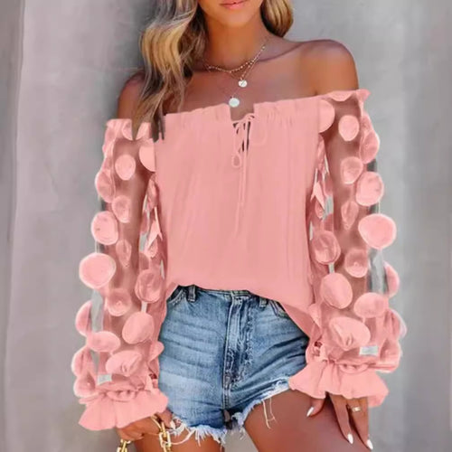 Damen nan schulterfreies Carmen-Top mit transparenten Organza-Ärmeln, kreisförmigen Applikationen und Volantmanschetten Echo Archiv