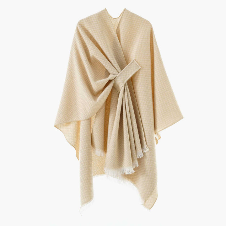 Damen Umlegbarer Wollmix-Poncho mit Hahnentritt-Jacquard und Bindegürtel Echo Archiv