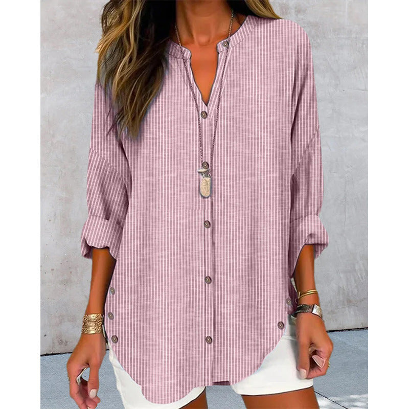 Damen Oversize Leinenlook Tunika Bluse mit Stehkragen und Knopfleiste – Élovi