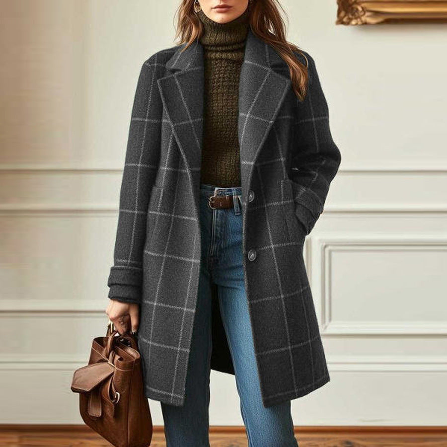 Damen nan karierter Wollmix Mantel mit Reverskragen, aufgesetzten Taschen und taillierter Silhouette Echo Archiv