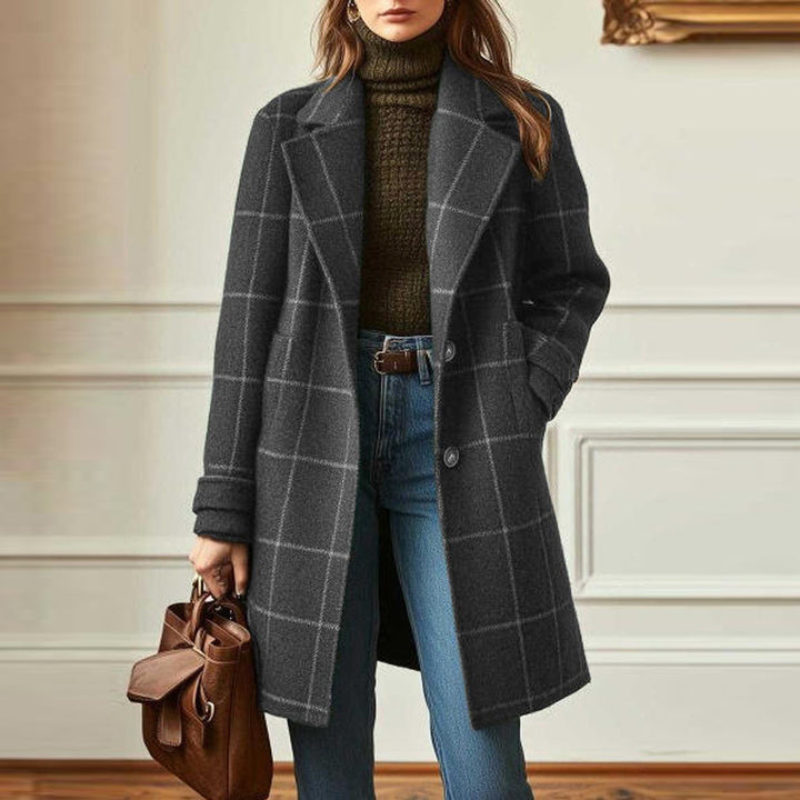 Damen nan karierter Wollmix Mantel mit Reverskragen, aufgesetzten Taschen und taillierter Silhouette Echo Archiv