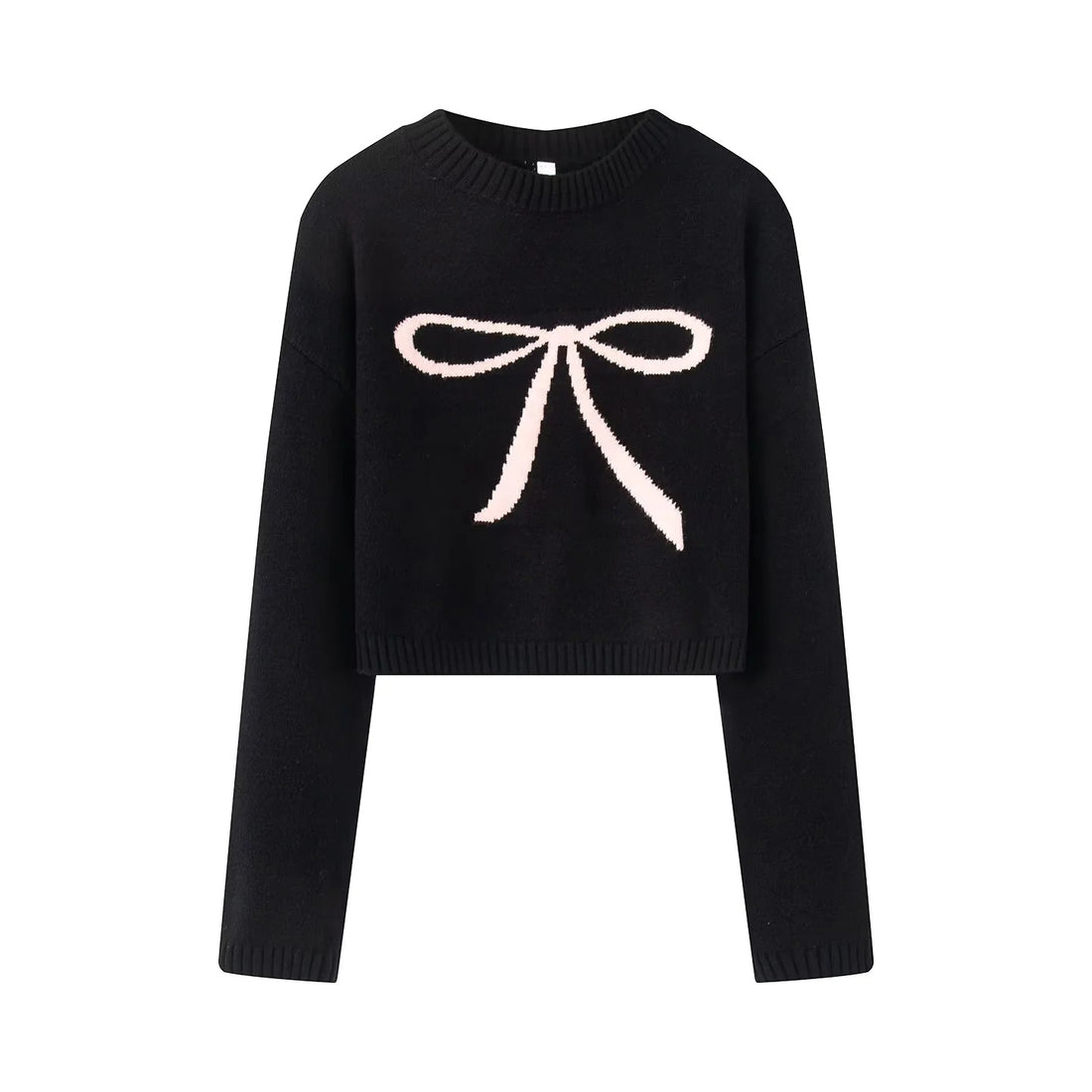 Damen kurz geschnittener Strickpullover mit Intarsien-Schleifenmotiv – Mavelle