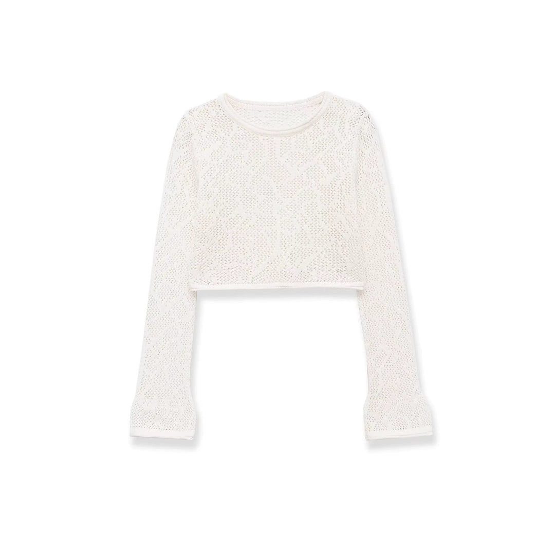 Damen gehäkeltes Cropped-Strickoberteil mit Trompetenärmeln Echo Archiv