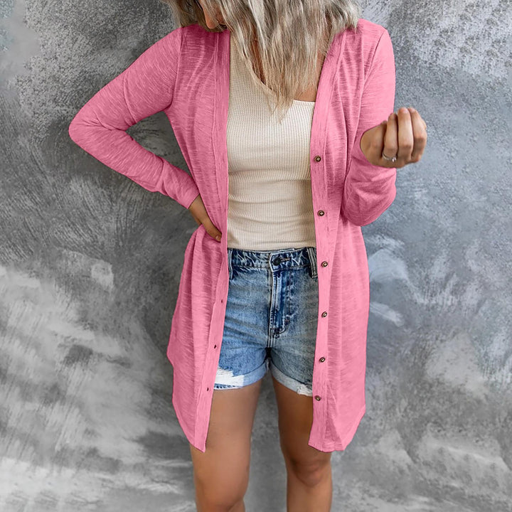 Damen Leichter Longcardigan mit Knopfleiste und geripptem Feinstrick Echoarchiv