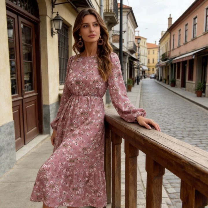 Damen Florales Midikleid mit elastischer Taillenpartie, langen Balloonärmeln und Volantstufe – Élara