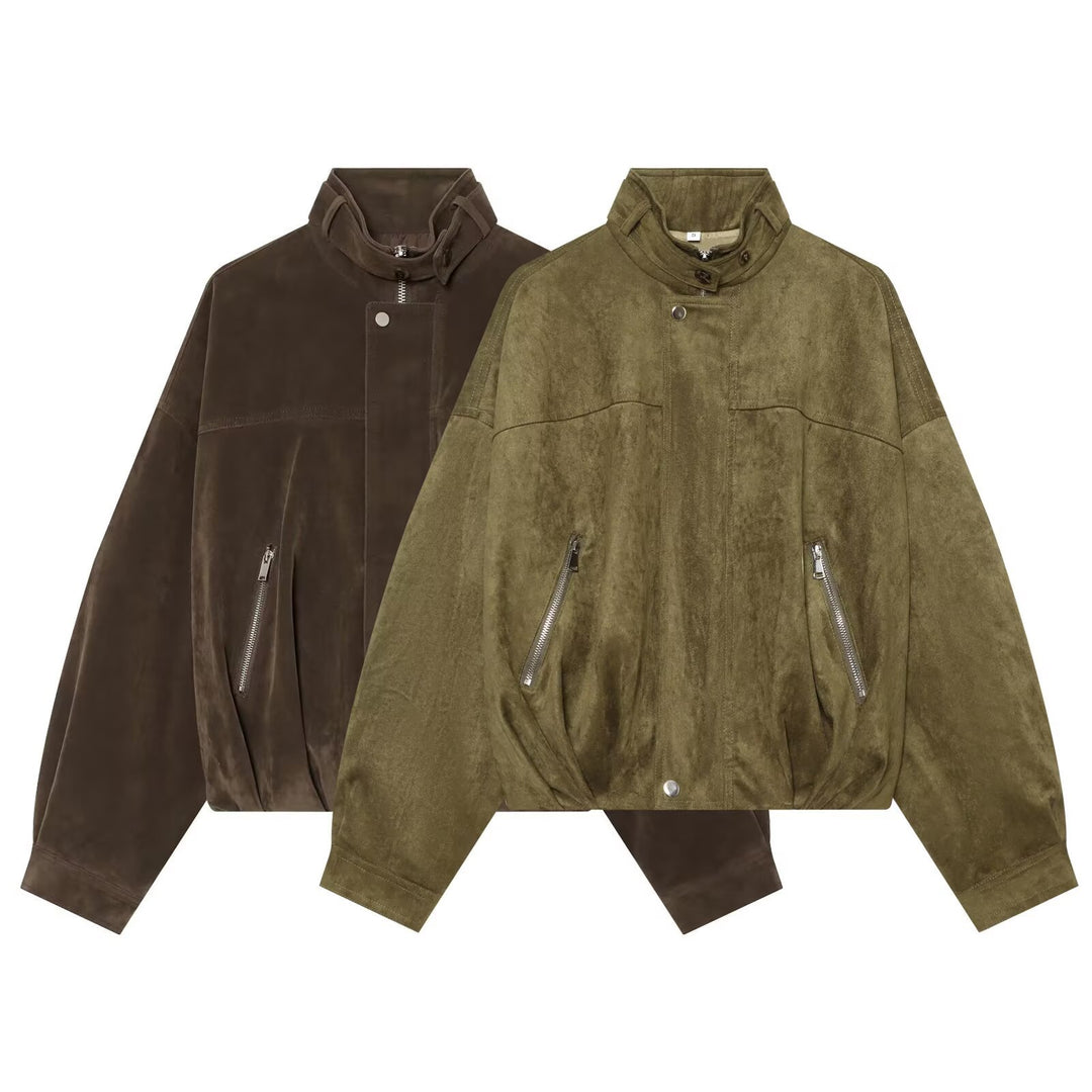 Damen Oversize-Wildleder‑Bomberjacke mit hohem Stehkragen und Reißverschlusstaschen Echo Archiv