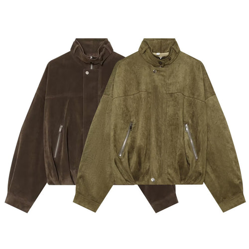 Damen Oversize-Wildleder‑Bomberjacke mit hohem Stehkragen und Reißverschlusstaschen Echo Archiv