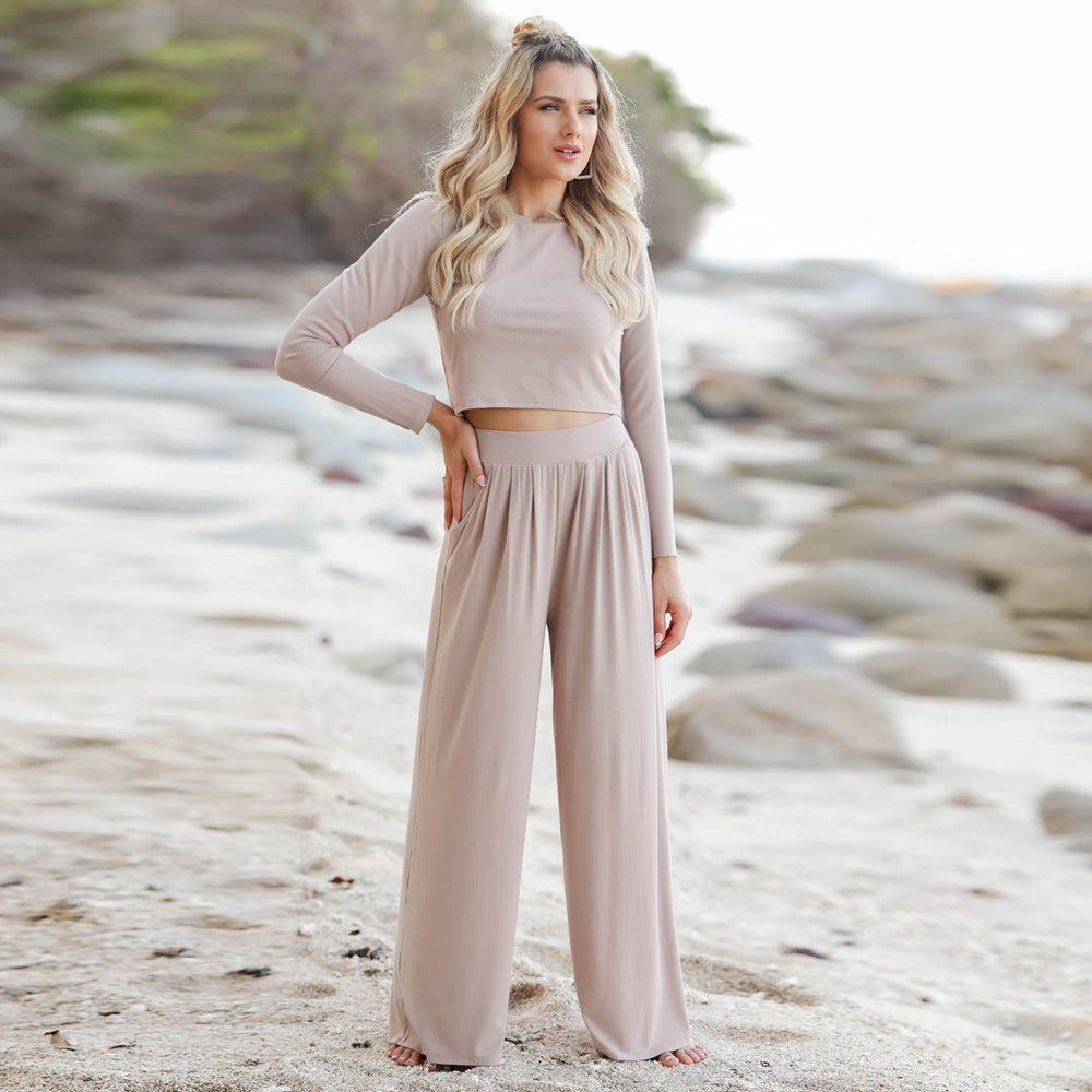 Damen Langarm Cropped Pullover und Hochbund Weite Hose Lounge Set Echoarchiv