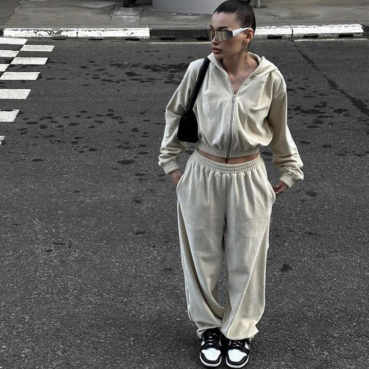 Damen nan Samt-Trainingsanzug zweiteilig mit cropped Kapuzenjacke und hoher Taille Jogginghose Echo Archiv