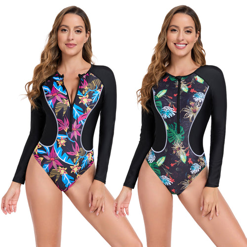Damen Rashguard mit langem Arm und buntem Pflanzenmuster Echo Archiv