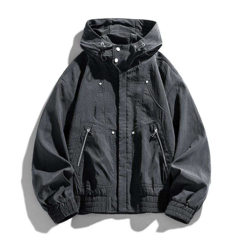 Herren Oversize Canvas-Utility-Kapuzenjacke mit versteckter Druckknopfleiste und Reißverschlusstaschen Echo Archiv