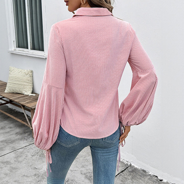 Damen Leichte Nadelstreifen-Hemdbluse mit Kordel-Ballonärmeln Echoarchiv