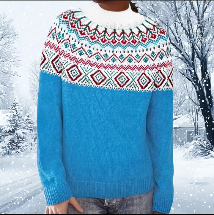 Damen nan melierter Rundhalsausschnittpullover mit kreisförmigem Jacquard-Yoke und geripptem Saum Echo Archiv