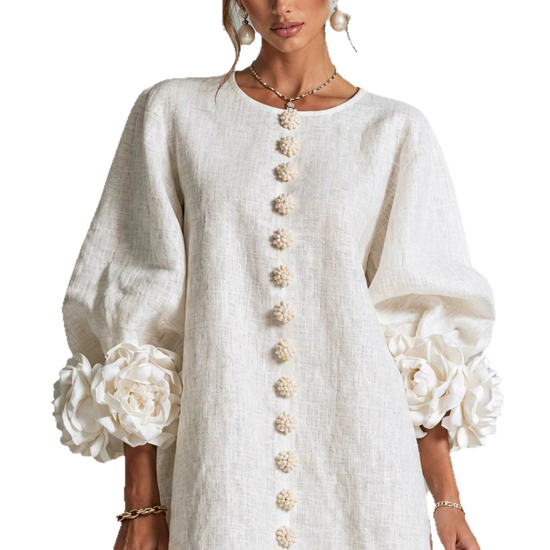 Damen Midikleid mit voluminösen Puffärmeln, 3D-Blütenknopfleiste und Leinenstruktur Echoarchiv