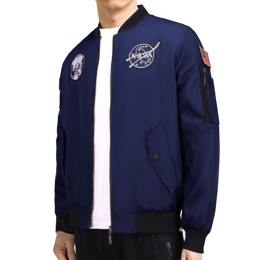 Herren  bestickte Raum-Patch glänzende Shell Bomberjacke mit bedrucktem Innenfutter und Ärmel-Reißverschluss-Nutztasche Echo Archiv