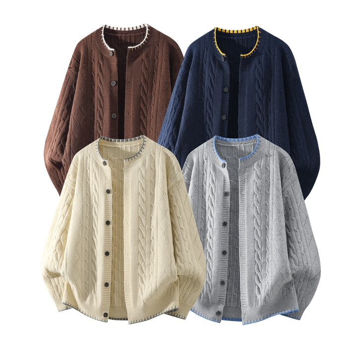 Damen Oversize Zopfmuster-Cardigan mit Rundhalsausschnitt, Ballonärmeln & Kontrastnaht Echoarchiv