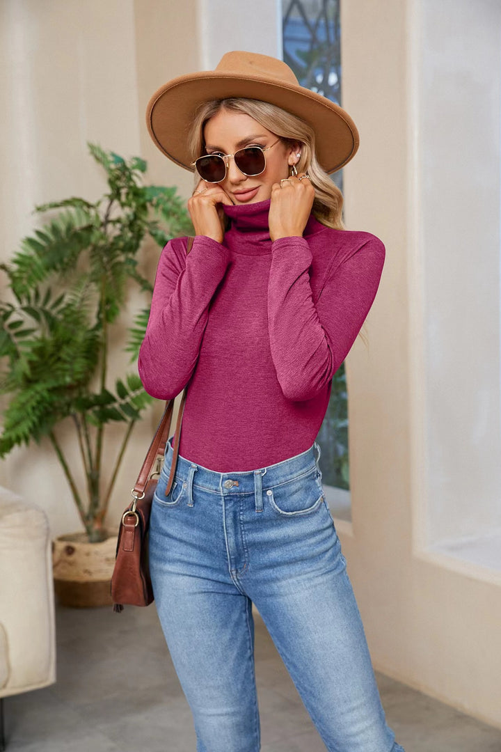 Damen Figurnahe Stretch-Jersey Rollkragenoberteil mit langem Arm – Avérine