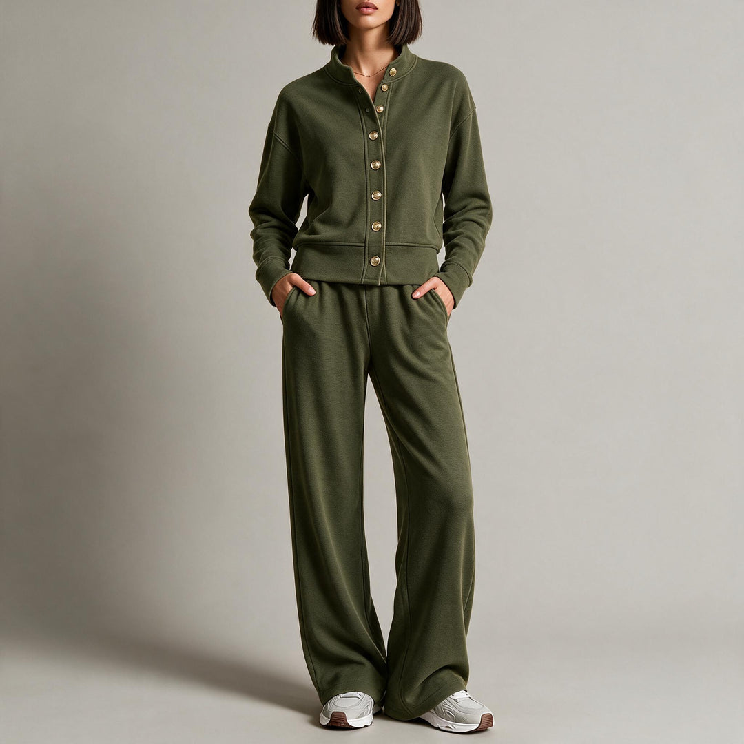 Damen Sweatjacke mit Druckknopfleiste, Stehkragen und weichem Lounge-Schnitt Echoarchiv