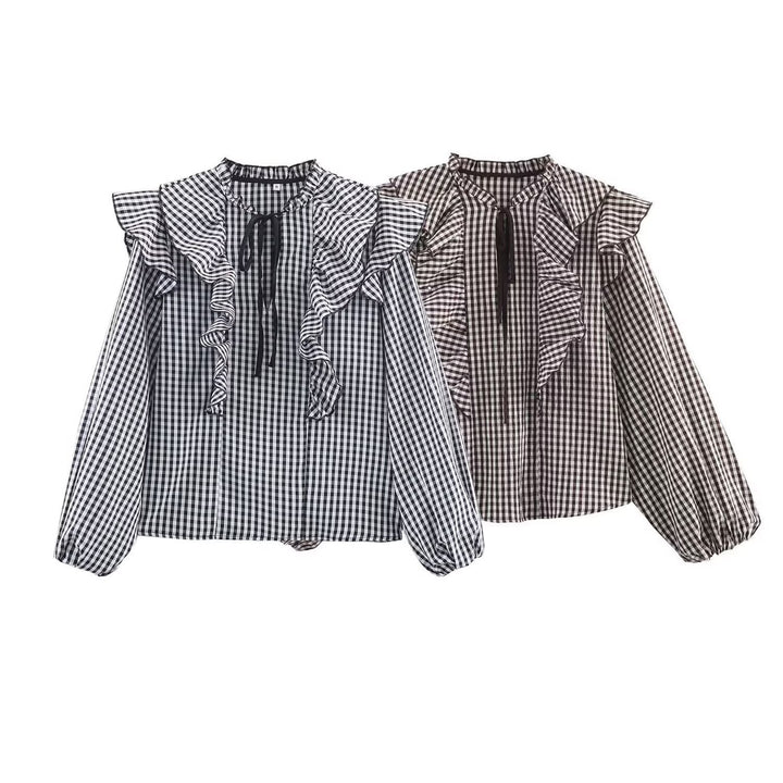 Damen Rüschenshirt mit klassischen Karomuster und eleganten Bindebändern Echo Archiv