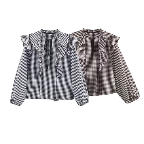 Damen Rüschenshirt mit klassischen Karomuster und eleganten Bindebändern Echo Archiv